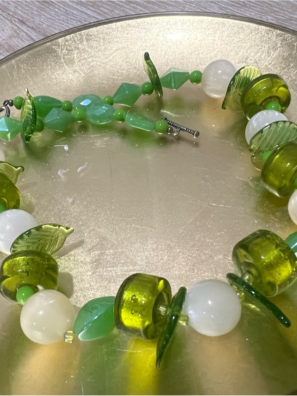 Vintage Green Glass and White Bead Statement Necklace - Unbranded